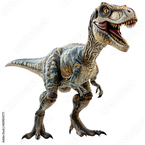 A dynamic and detailed illustration of a Velociraptor in motion 3d render, transparent background, PNG photo