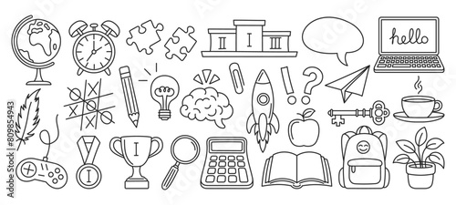 Design element, graphic symbols, educational icons hand drawn in doodle sketch style. Vector illustration