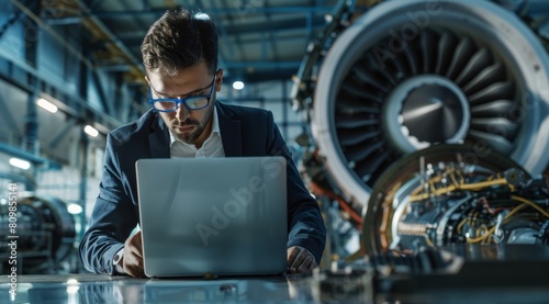 Focused male engineer working on laptop in front of a jet engine in an aircraft hangar