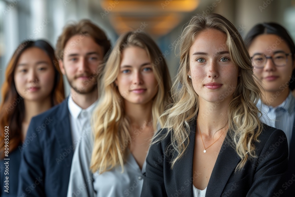 A young, diverse group of business professionals pose confidently in an office environment, highlighting unity and ambition