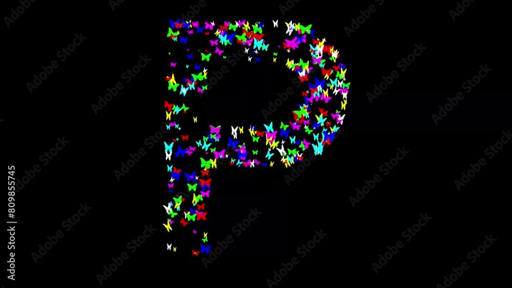 English alphabet P with colorful butterflies on plain black background English alphabet P with colorful butterflies on plain black background