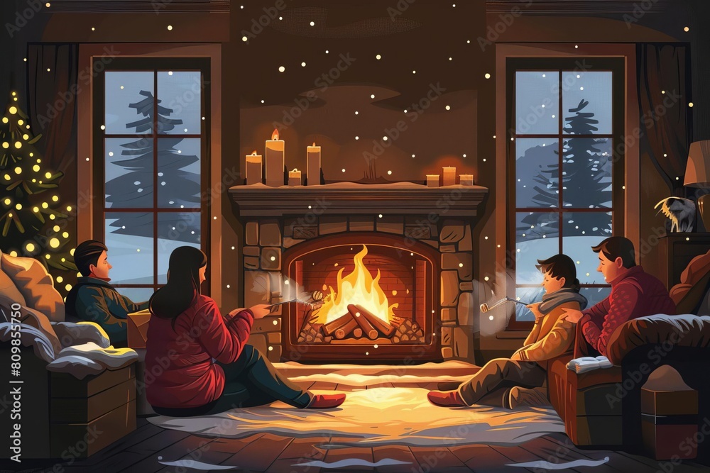 A cozy living room with a family gathered around the fireplace, roasting marshmallows and sharing stories