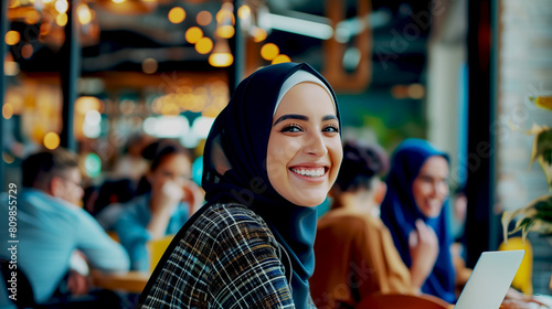 Beautiful female in Hijab headscarf at a cafe restaurant. Happy Middle Eastern woman