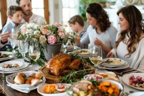 A family gathered around a table for an Easter brunch  enjoying delicious food and conversation