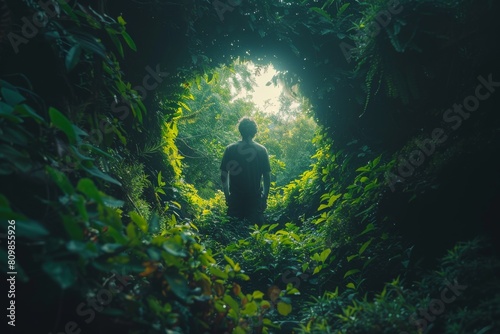 An atmospheric shot capturing a solitary man standing at the entrance of a lush green forest, shrouded in mist photo