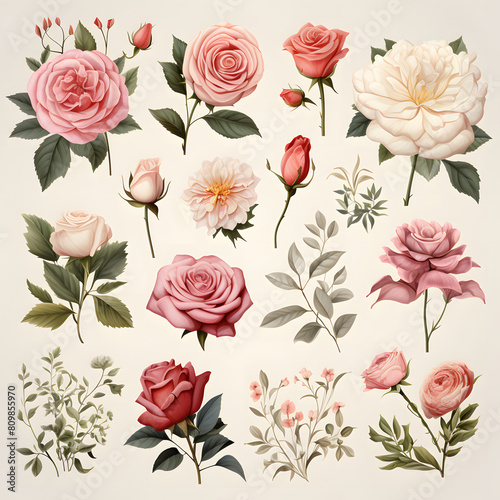 set of roses  plants  leaves and flowers. watercolor illustrations of beautiful realistic flowers for background  pattern or wedding invitations.