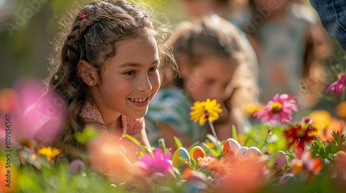 A joyful Easter egg hunt in a blooming garden, with children and adults searching for colorful eggs hidden among the flowers and foliage photo