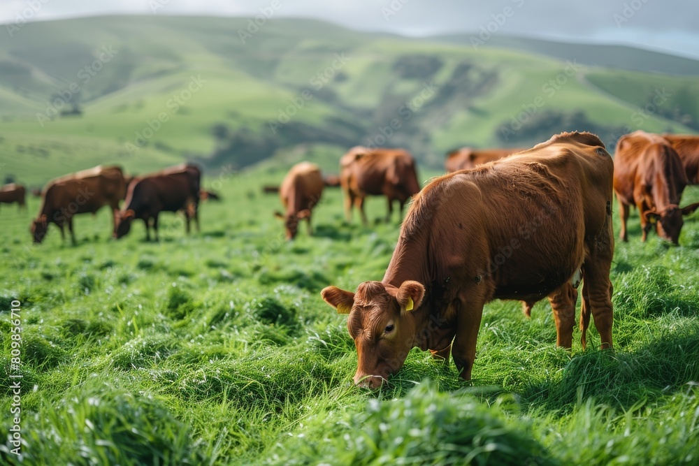 Herd of brown cows grazing peacefully on a lush green hillside, showcasing rural farm life and livestock