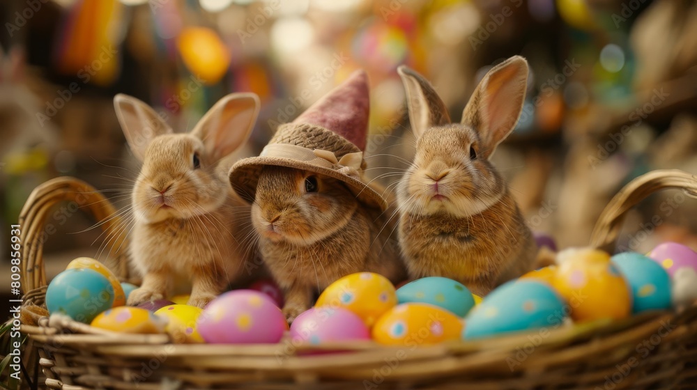 Add a touch of whimsy to the scene a group of rabbits wearing colorful hats, or a basket overflowing with fantastical candy eggs