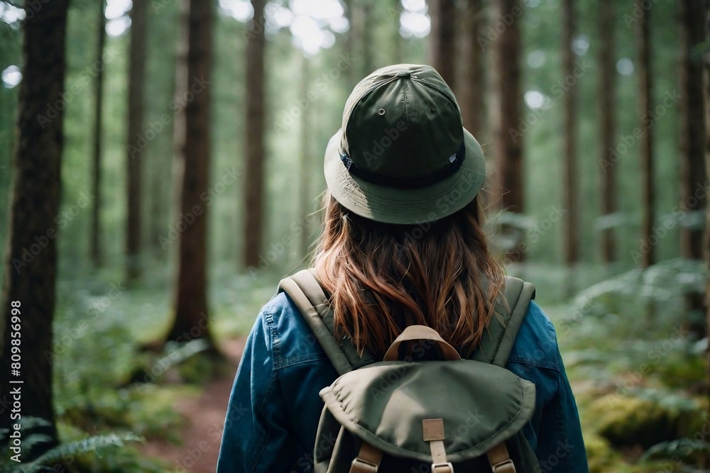 Back view of a backpacker girl in the forest with copy space. Camping and Inspiration Concept. Back view of a backpacker girl in the forest with copy space. Camping and Inspiration Concept.