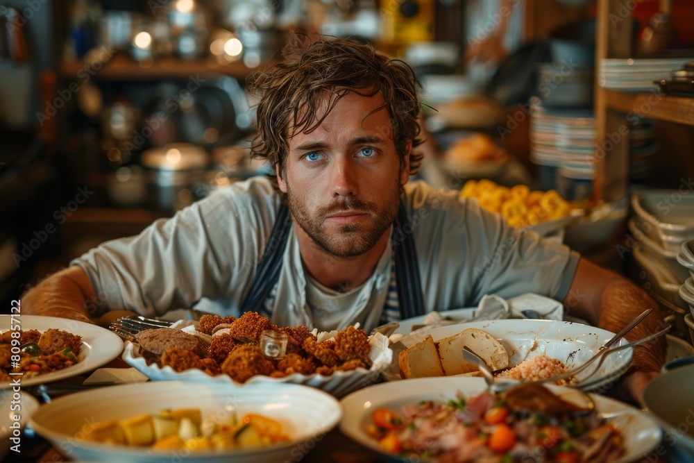 An image capturing a man seemingly overwhelmed by a large amount of food placed before him on a table An image capturing a man seemingly overwhelmed by a large amount of food placed before him on a table