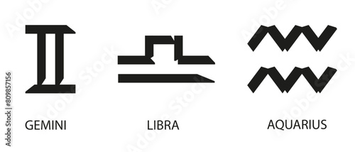 Vector Minimal Geometrical Zodiac Signs isolated transparent background. Set Zodiac Signs in trendy Geometry Straight lines style. Gemini Libra Aquarius on white. Astrology elements of air.