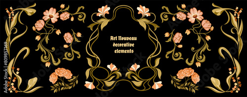 Art Nouveau floral frames, corners, and borders. Vector.