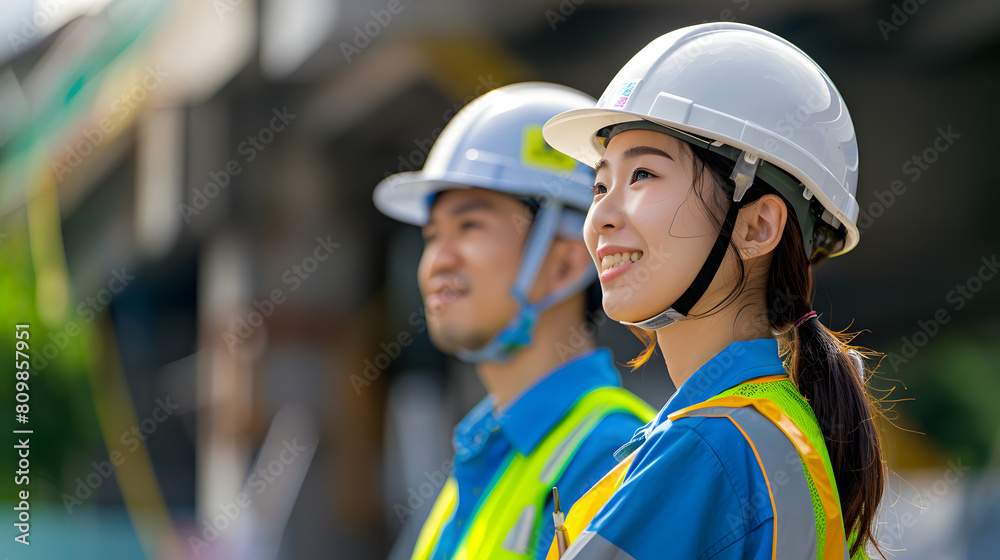 A young female engineer in a hard hat is smiling while standing next to her male colleague on a construction site A young female engineer in a hard hat is smiling while standing next to her male colleague on a construction site