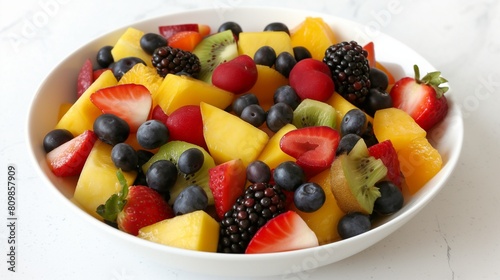 A vibrant bowl of fresh fruit salad featuring an array of colorful fruits meticulously arranged on a spotless white surface radiating health and freshness