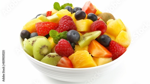 A vibrant bowl of fresh fruit salad featuring an array of colorful fruits meticulously arranged on a spotless white surface radiating health and freshness