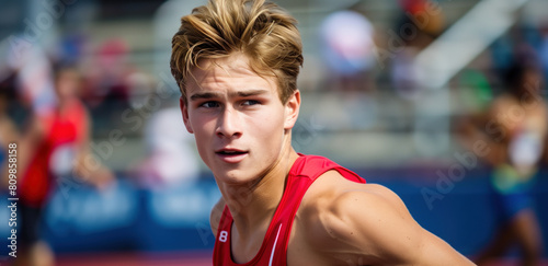 Young male track athlete looking back towards the starting line while preparing for a race.