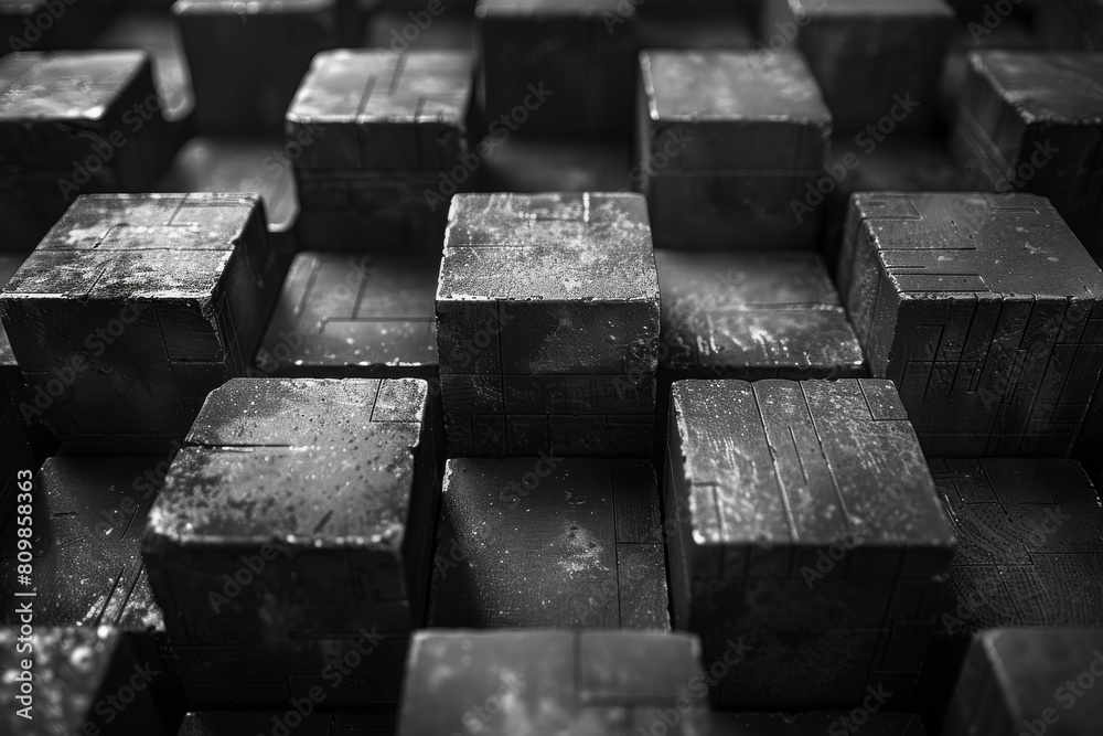 An artistic black and white composition of stacked industrial cubes, emphasizing pattern and texture An artistic black and white composition of stacked industrial cubes, emphasizing pattern and texture