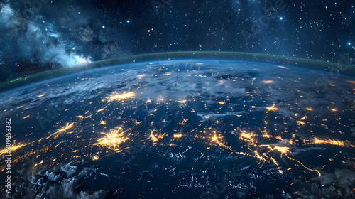 A stunning portrayal of planet Earth from space, highlighting city lights and the vibrant glow of human civilization