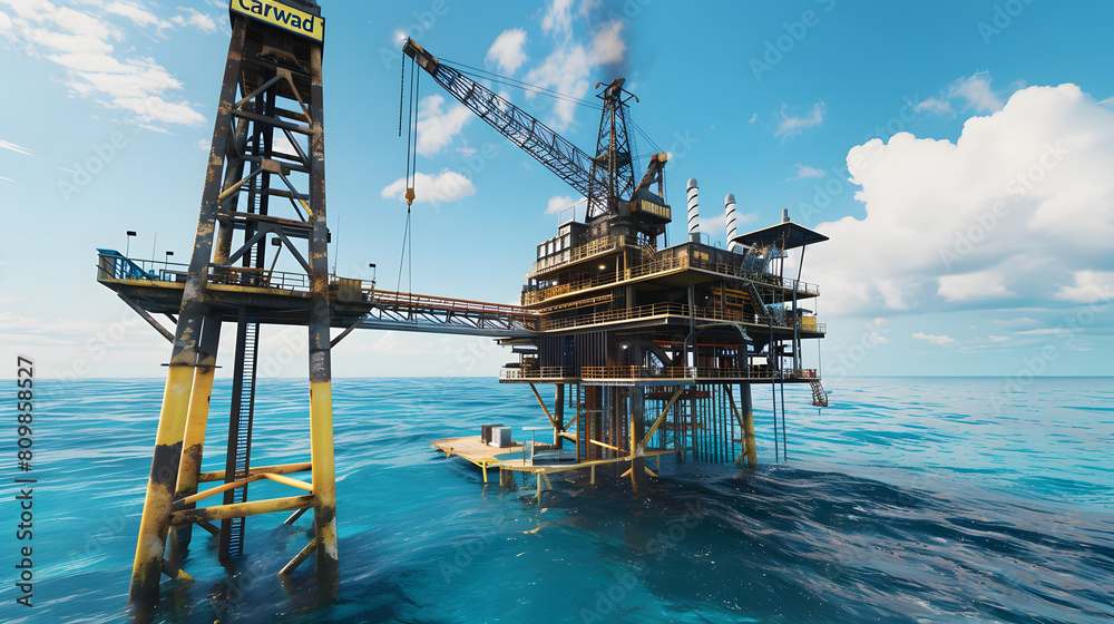An offshore oil rig station standing in the middle of the ocean against a vibrant blue sky, reflecting industrial progress in marine engineering