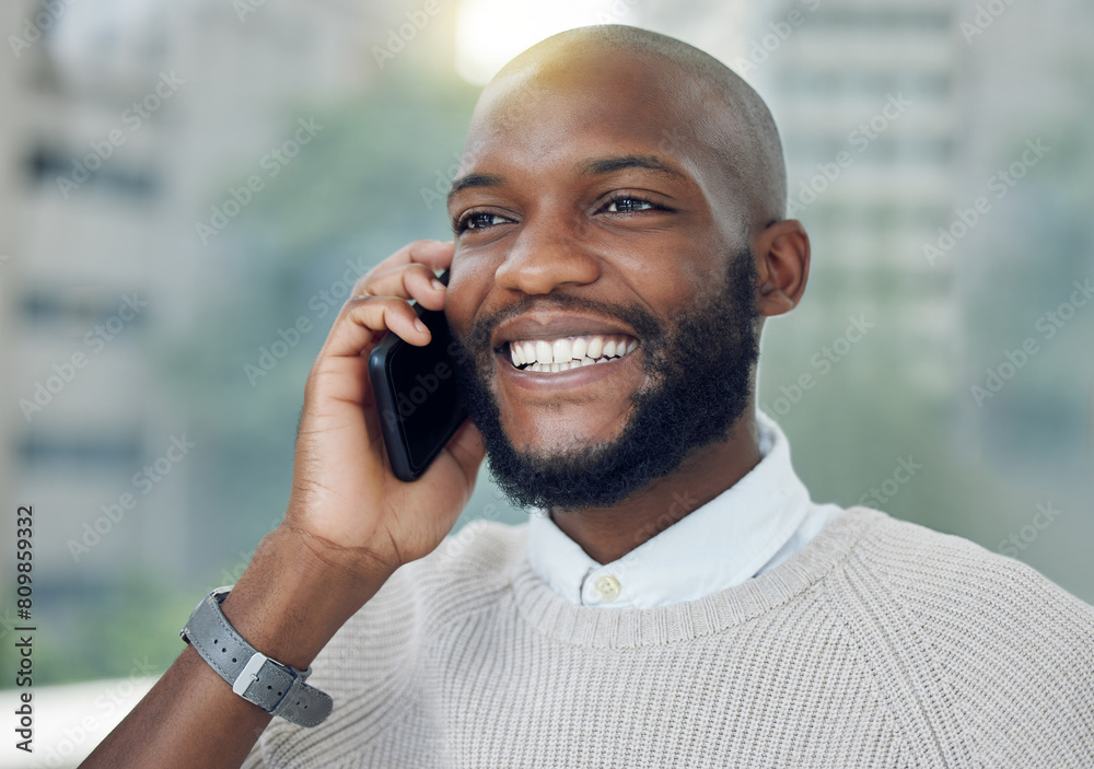 African man, smile and phone call outdoor for business deal, contact and networking clients. Worker, smartphone and communication on balcony for conversation, talk or listening as personal assistant African man, smile and phone call outdoor for business deal, contact and networking clients. Worker, smartphone and communication on balcony for conversation, talk or listening as personal assistant