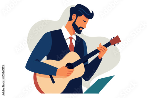 Suited man serenades with his guitar at a sophisticated gathering