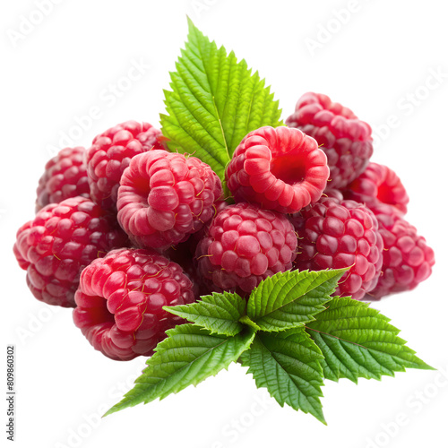 Raspberries with leaves on transparent background