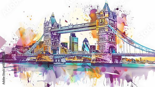 This artistic image showcases Tower Bridge in London with a burst of vibrant colors and abstract shapes to highlight its grandeur and beauty