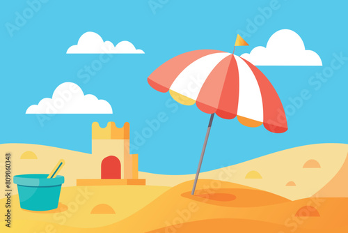 A sandy beach scene with a vibrant umbrella, sandcastle, and bucket under a clear sky
