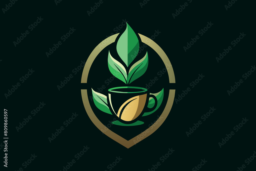 A stylish eco-friendly cafe logo featuring a coffee cup encased in leaves