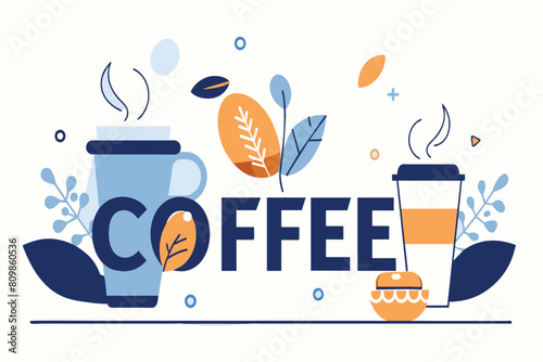 A cozy illustration of coffee cups with steam and a sweet treat