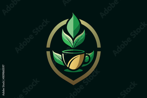 A stylish eco-friendly cafe logo featuring a coffee cup encased in leaves