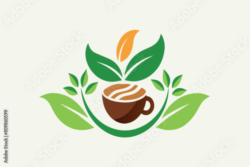 Eco coffee logo with a cup encased in leaves, depicting sustainability