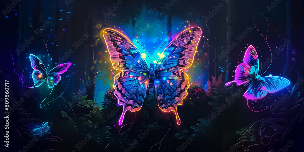 butterfly on blue background, background with butterfly, colorful forest