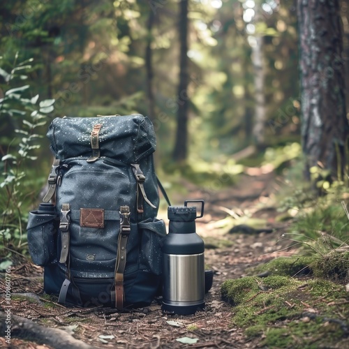 Backpack, Thermos and Travel Mug in Forest Banner with Copy Space, Hiking Equipment on Footpath