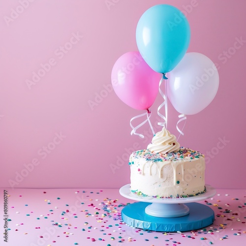 A birthday cake and balloons in a Solid Background