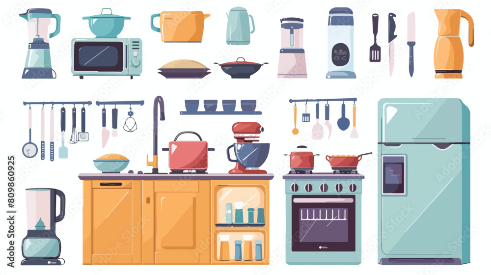 Home kitchenware food and devices in color vector fla