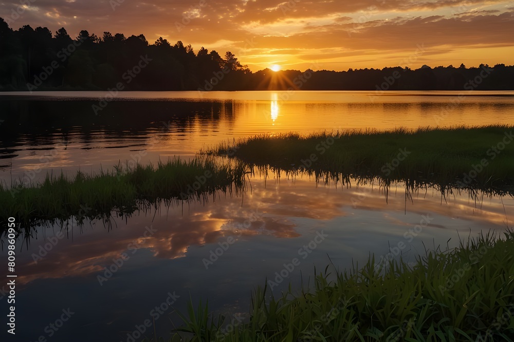  vibrant sunset casting golden hues over a tranquil lake surrounded by lush greenery