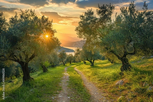 landscape of olive grove and path at sunset in countryside photo