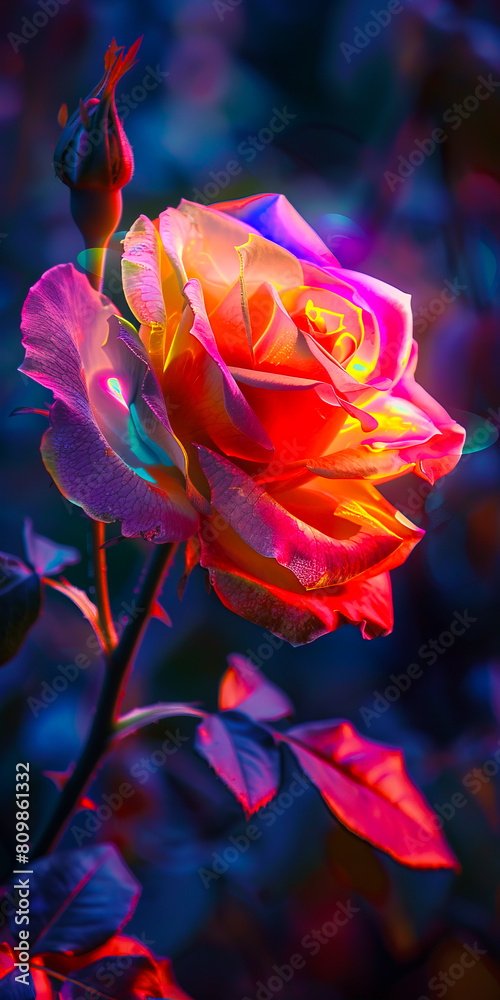 A rose is shown in the dark with bright colors. A rose is shown in the dark with bright colors.
