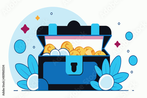 A treasure chest filled with gold coins sits open, surrounded by whimsical blue leaves