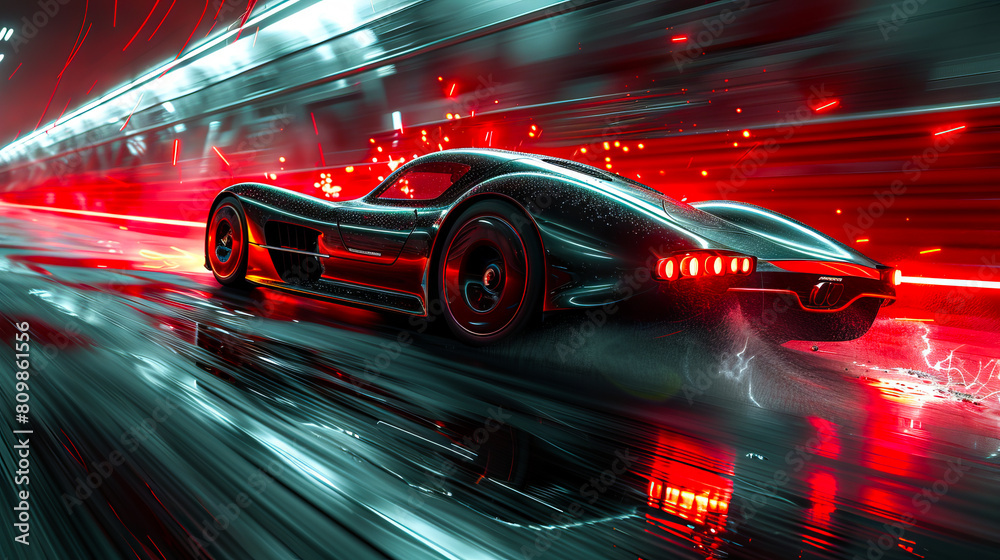 A car driving through a tunnel with red lights. A car driving through a tunnel with red lights.
