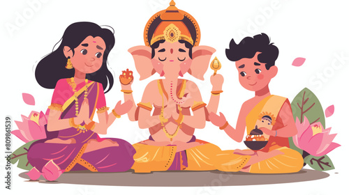 Indian Hindu family praying to Ganesha deity. Religio photo