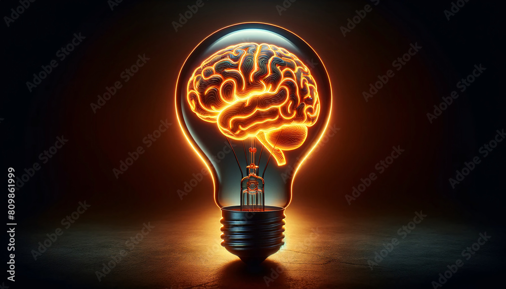 A visually striking of a light bulb against a dark background, inside of which is a glowing orange outline of a human brain A visually striking of a light bulb against a dark background, inside of which is a glowing orange outline of a human brain