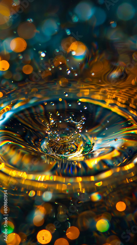 A water droplet with a golden background.