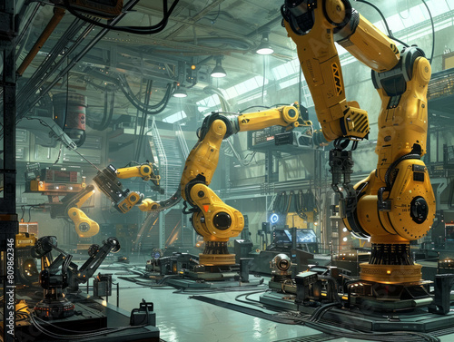 The assembly line consists of a logistics robot arm, showcasing advanced manufacturing technology. AI generative enhances industrial automation visuals. photo