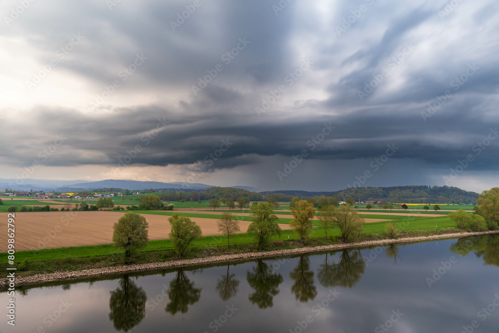 Supercell of a storm cloud over the Danube in the Landreis Straubing-Bogen Bavaria Germany.