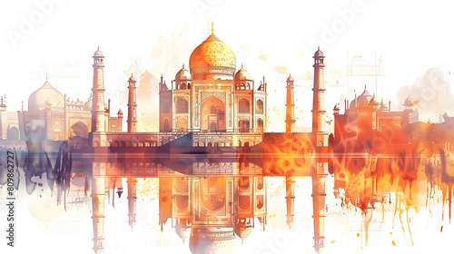 The enchanting Taj Mahal is depicted with golden hues, reflecting an aura of historical splendor and majesty