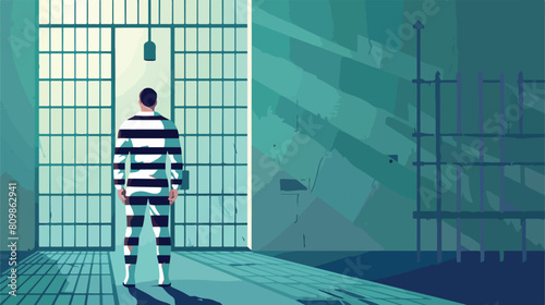 Prisoner wearing striped uniform in jail or prison ce