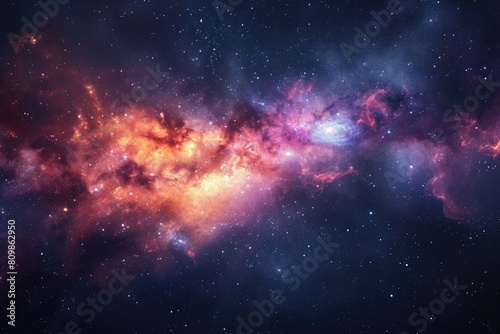 Mystical spiral galaxy with vibrant nebula and stars. Illustration of a background with a majestic space theme. © Novi